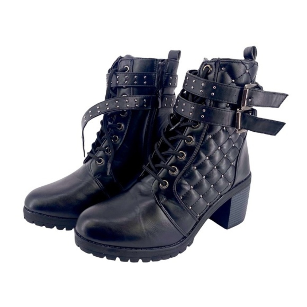 Olivia + Kate Ryder Healed Buckle Silver Studded Combat Moto Boots